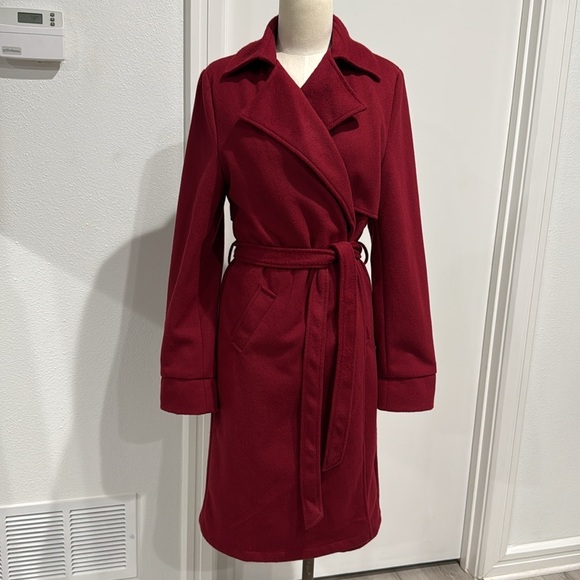Love Tree Long Red Trench Coat with Belt - L - Picture 1 of 9